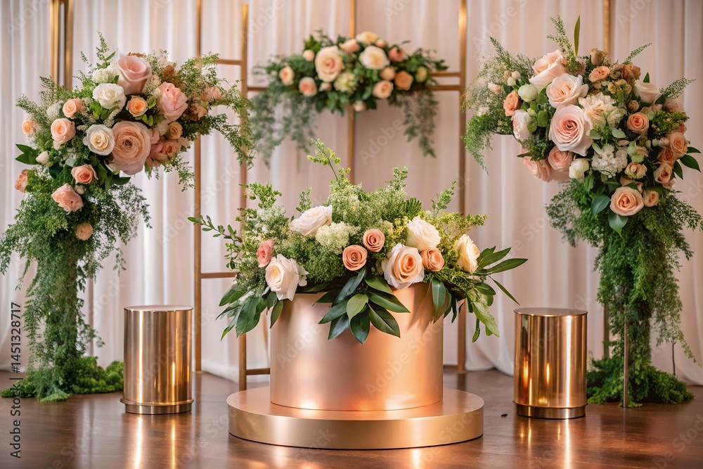 Fototapeta premium Elegant Rose Gold Wedding Podium with Delicate Floral Arrangements