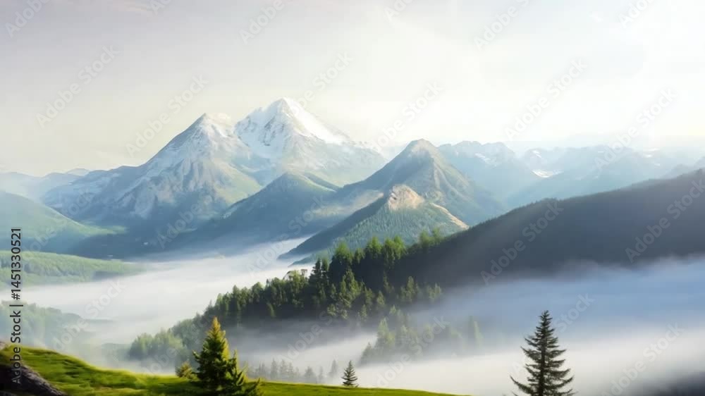 Serene Mountain Landscape with Lush Greenery and Misty Valleys Under a Clear Sky Serene Mountain Landscape with Lush Greenery and Misty Valleys Under a Clear Sky