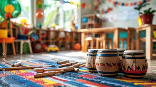Colorful preschool classroom with wooden drums
