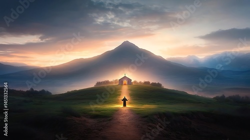 A figure walks towards a mountaintop chapel at dawn