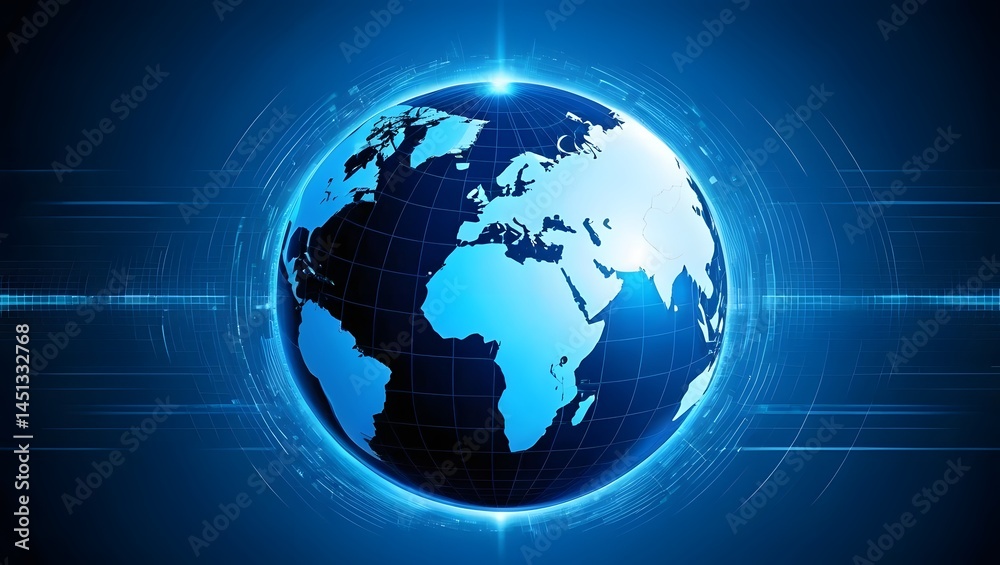 Blue Digital Earth Globe with Data Streams and Global Connections Blue Digital Earth Globe with Data Streams and Global Connections