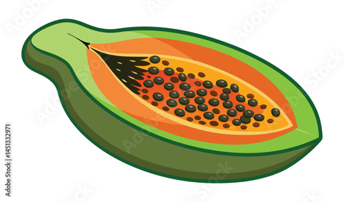 Halved ripe papaya with black seeds illustration