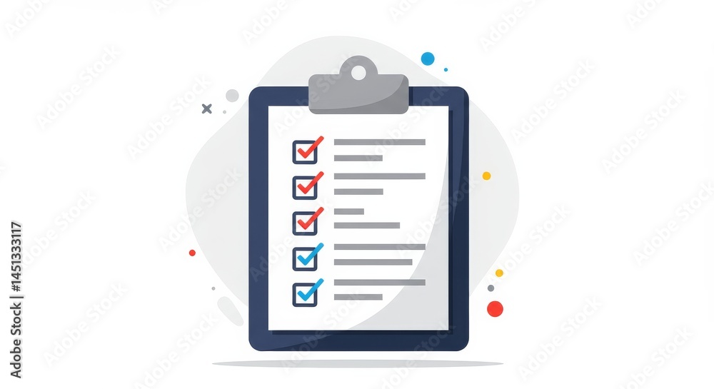 Illustrated clipboard with a checklist of completed tasks and some incomplete Illustrated clipboard with a checklist of completed tasks and some incomplete