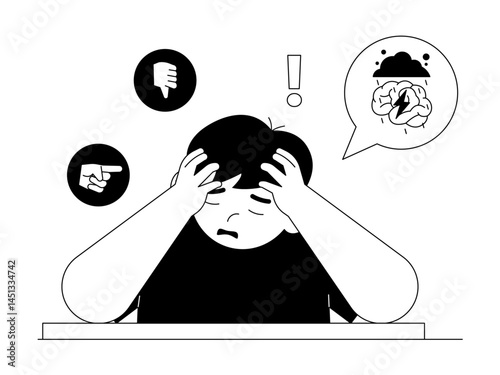Person is depressed due to social pressure from people around him. Social issue vector illustration. Black and white  style. Flat and outline illustration concept.