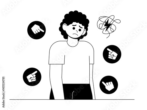 An expression of sadness and depression shown by someone. Social issue vector illustration. Black and white  style. Flat and outline illustration concept.