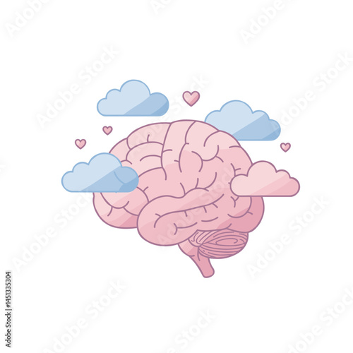 Brain surrounded by clouds and hearts representing mental health  