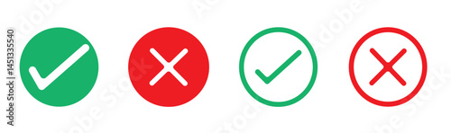Green check mark and red cross mark icon. Check mark vector icon. Validation and refusal icon. Vector illustration.