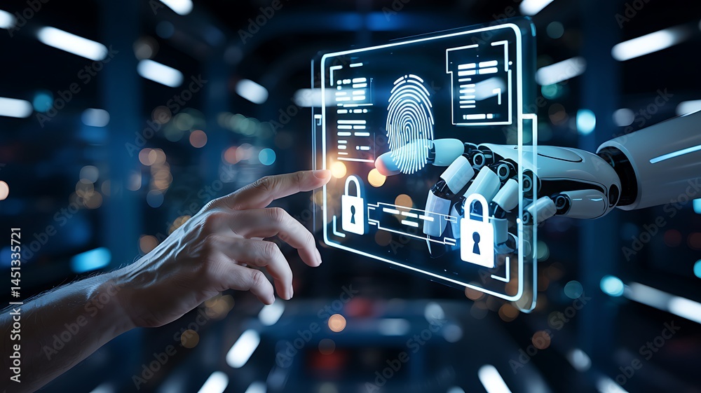 Fototapeta premium Human And Robot Hands Interacting With Security Interface Displaying Fingerprint Biometrics Cyber Security Data Privacy And Modern Technology Concept