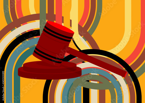 Retro 70s Background with Gavel. Groovy Law 1970s art template. Minimalistic Vintage design poster. Old-fashioned color artwork.