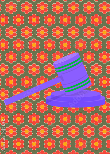 Retro 70s Background with Gavel. Groovy Law 1970s art template. Minimalistic Vintage design poster. Old-fashioned color artwork.