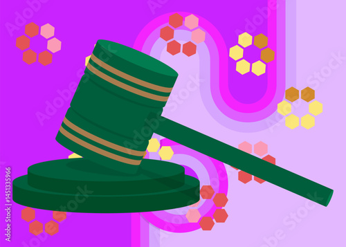 Retro 70s Background with Gavel. Groovy Law 1970s art template. Minimalistic Vintage design poster. Old-fashioned color artwork.