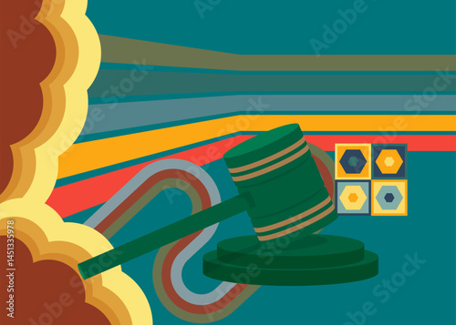 Retro 70s Background with Gavel. Groovy Law 1970s art template. Minimalistic Vintage design poster. Old-fashioned color artwork.