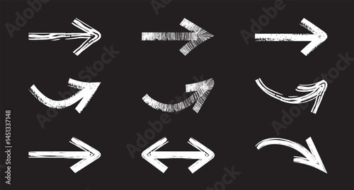 Set of grunge arrow vectors and brushstrokes.  Arrow icon. Doodle arrow. Collection of different signs. Set of doodle with brush. A arrow vector art illustration. 