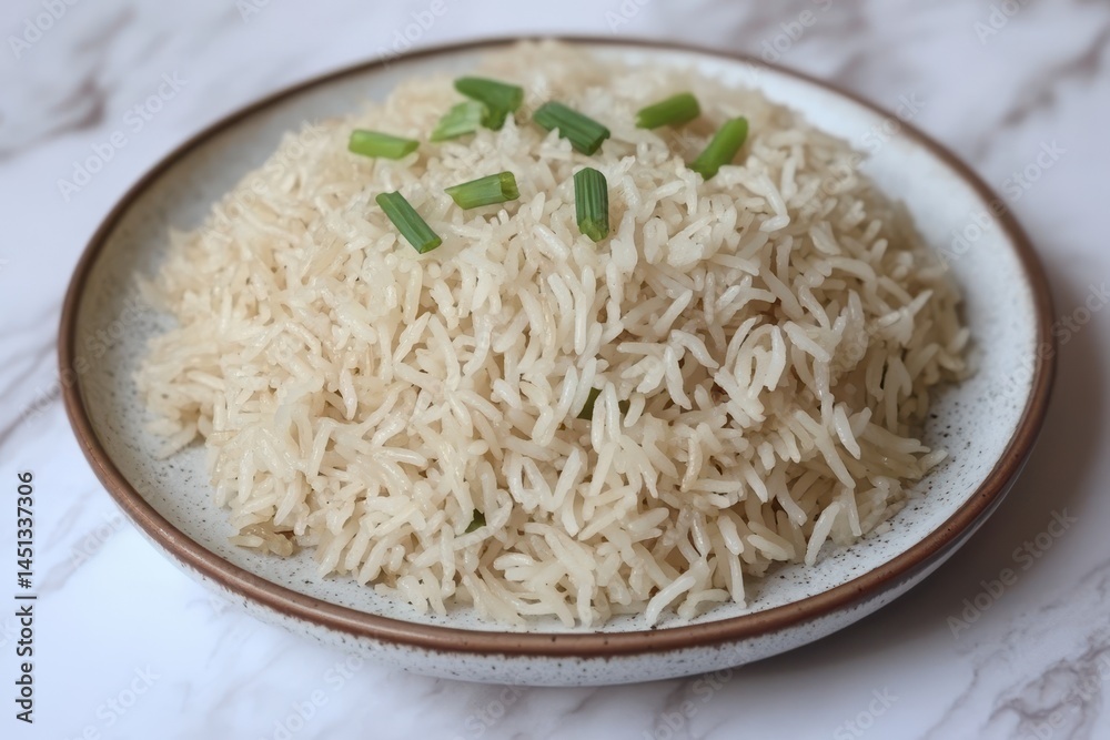 Steaming bowl of fluffy rice garnished with green onions on a marble countertop Steaming bowl of fluffy rice garnished with green onions on a marble countertop