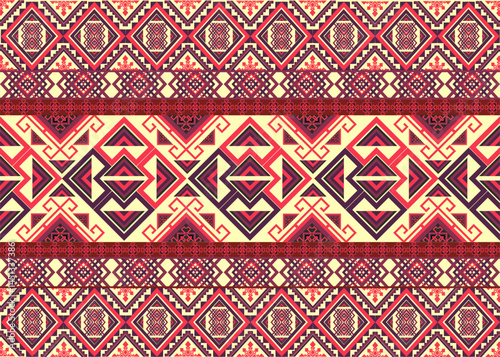 Geometric ethnic traditional pattern in red and yellow. Designed for decoration, textile, fabric print, carpet.