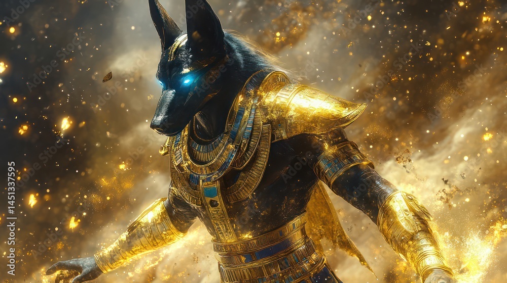 Ancient Egyptian God, golden armor, cosmic explosion