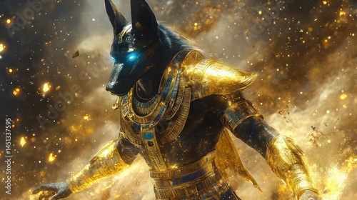 Obraz na płótnie Ancient Egyptian God, golden armor, cosmic explosion w salonie