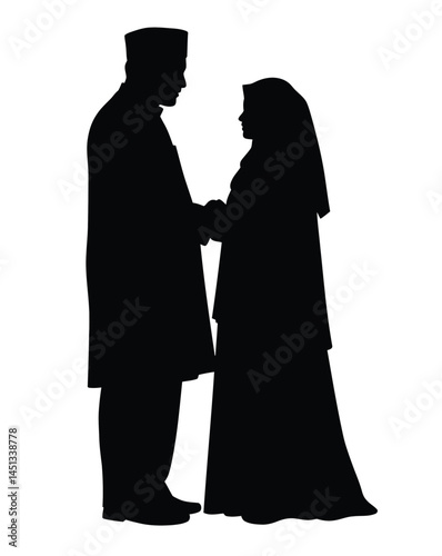 Muslim couple silhouette. This image features a black silhouette of a man and woman in traditional Muslim attire, standing together, symbolizing love and unity. Vector clipart illustration design.