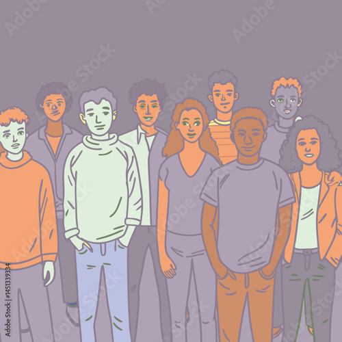 Diverse group of stylized young adults depicted in a contemporary illustration