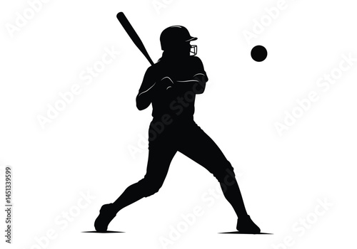 Softball player silhouette. This image shows a softball player in a batting stance, ready to hit the ball, wearing a helmet and holding a bat. Vector clipart illustration design.