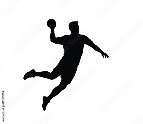 Handball player silhouette. This image shows a silhouette of a handball player in mid-air, about to throw a ball, symbolizing action and energy in sports. Vector clipart illustration design.