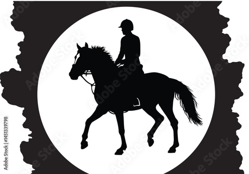 Eventing silhouette. This image shows a black silhouette of a horse and rider within a white circle, surrounded by a black irregular border. Vector clipart illustration design.