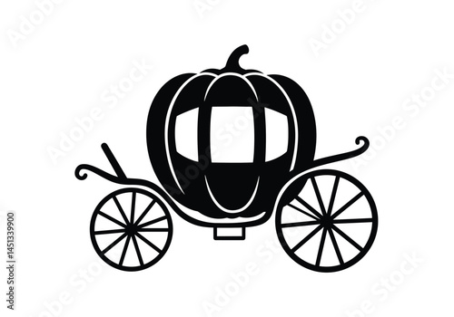 Pumpkin carriage silhouette. This image shows a black silhouette of a pumpkin-shaped carriage with ornate wheels, reminiscent of Cinderella's fairytale coach. Vector clipart illustration design.