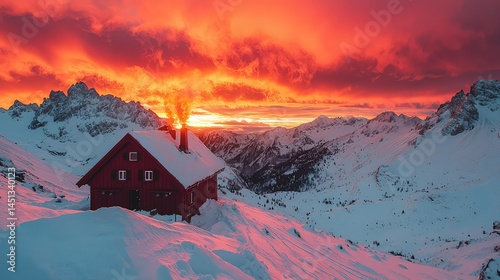 Crimson sunset illuminates a rustic mountain hut nestled in snowy peaks.