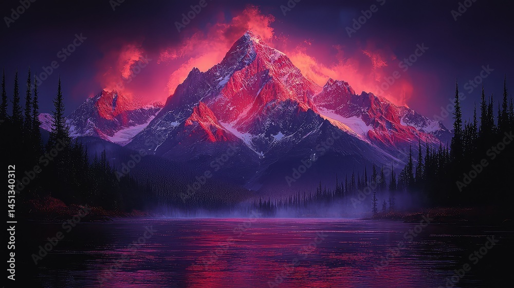 Naklejka premium A majestic mountain peak bathed in vibrant sunset hues, overlooking a tranquil river.