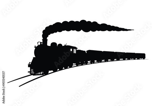 Steam train silhouette. This image shows a vintage steam-powered locomotive in a detailed black silhouette, highlighting its wheels, smokestack, and rail tracks. Vector clipart illustration design.
