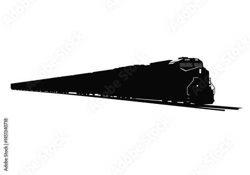 Freight train silhouette. This image shows a black silhouette of a freight train on a railway track, highlighting the locomotive and railcars. Vector clipart illustration design.