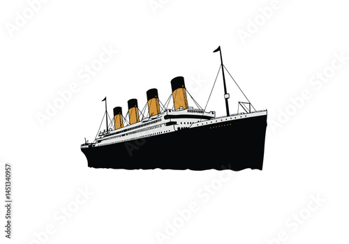 Titanic silhouette. This image shows a black and white silhouette of the Titanic, also known as RMS Titanic, with its four distinctive smokestacks. Vector clipart illustration design.