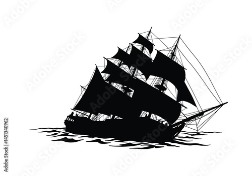 Sinking ship silhouette. This image shows a black silhouette of a sailing ship with multiple masts and sails, appearing to be sinking in the ocean. Vector clipart illustration design.