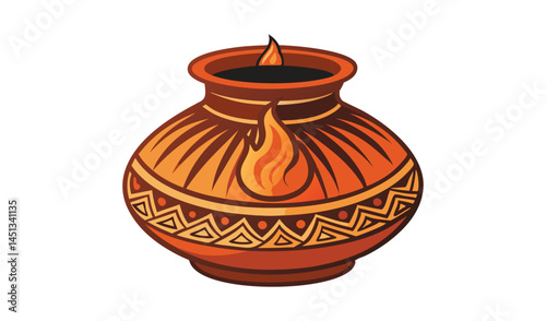 Ornate clay pot with burning flame illustration