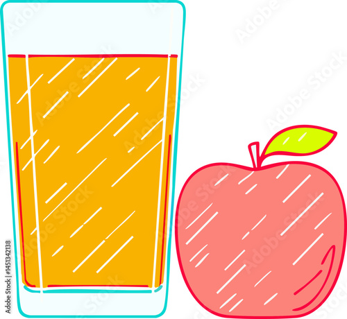 Bright and Colorful Flat Vector Illustration of a Tall Glass of Fresh Orange Juice with a Red Apple and Green Leaf, Representing Healthy and Nutritious Eating