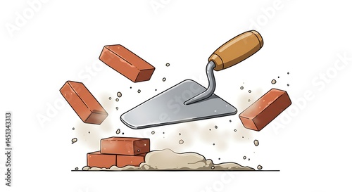 Bricklaying Illustration Construction of a Wall with Trowel and Bricks
