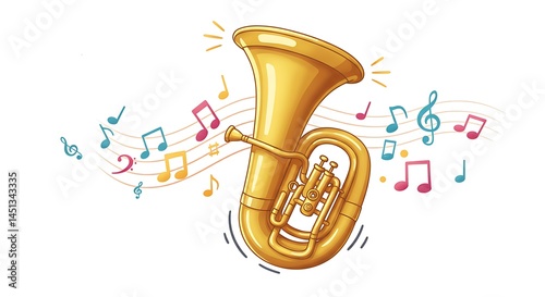Cartoon illustration of a shiny golden tuba surrounded by musical notes