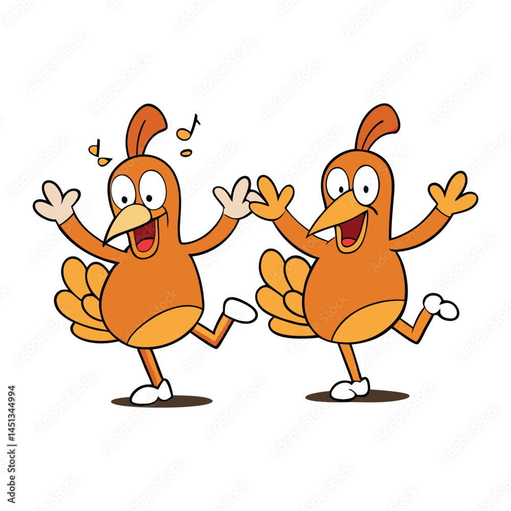 Fototapeta premium A playful scene of cooked turkeys dancing joyfully, their crispy golden skins gleaming as they sway to a festive rhythm, bringing a fun twist to a holiday feast. 