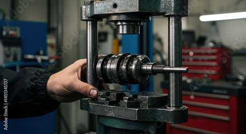 Operating Industrial Press with Hand Inspecting Metal Part