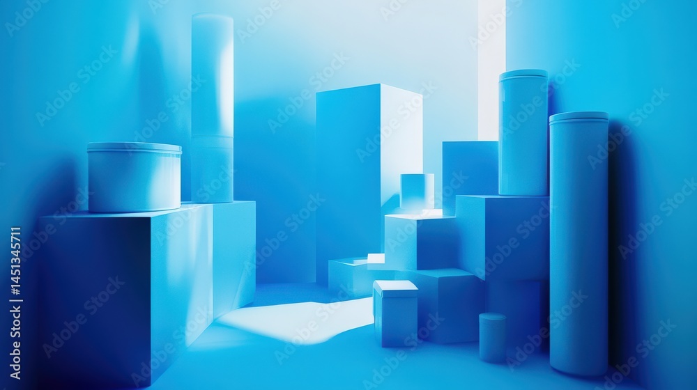 Abstract composition of blue geometric shapes and forms creating a serene environment Abstract composition of blue geometric shapes and forms creating a serene environment