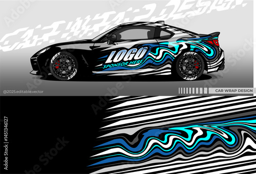 Illustration vector grahic of Car wrap decal with abstract design. Black, blue, white colour. Livery car editable. Mockup template sticker vinyl for racing, rally, drift or daily use