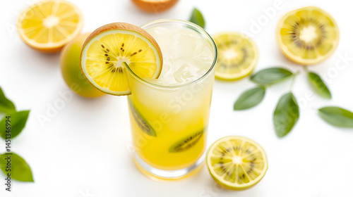 kiwi lime refresher with lime wheel isolated on white background,  citrus fruit,  tropical flavor,  condiment