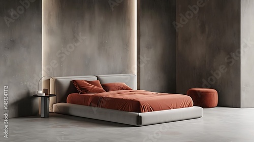 Serene bedroom interior with minimalist design and calming earth tones palette