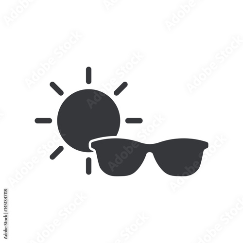 Isolated pictogram icon sun and sunglasses, symbolizing UV protection and eye safety from harmful sunlight exposure.