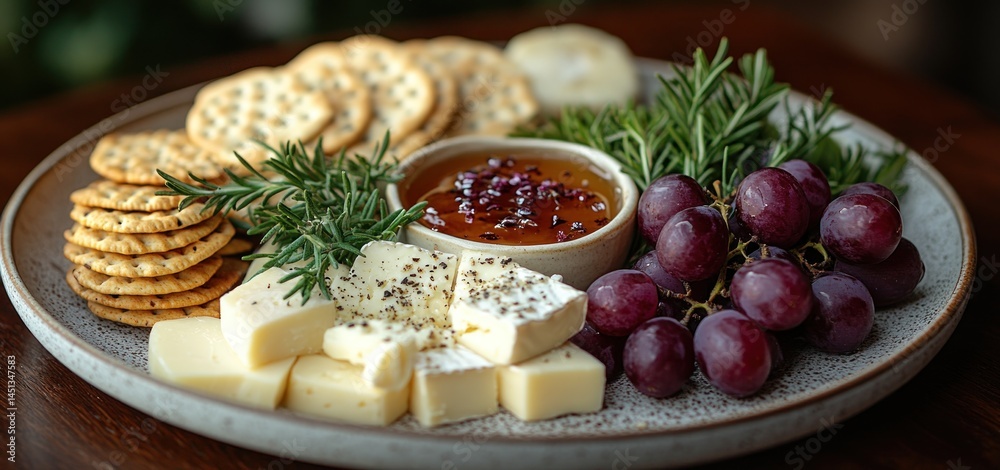 Gourmet Cheese and Cracker Platter with Grapes and Rosemary Gourmet Cheese and Cracker Platter with Grapes and Rosemary