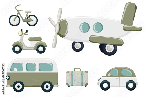 Vector illustration set featuring retro transport: airplane, bus, car, bicycle, motorcycle and suitcase. Isolated on white background. Suitable for travel themes and vintage inspired design
