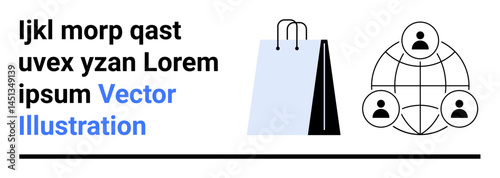 Shopping bag with user icons connected in a global network. Highlights e-commerce, online community, global connection, collaboration, digital marketing, affiliate marketing, simple landing page