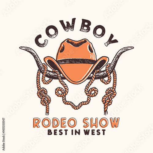 longhorn illustration cowboy graphic rodeo design hat badge rope vintage western