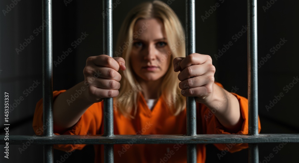 Obraz premium Behind Bars: Woman in Orange Jumpsuit