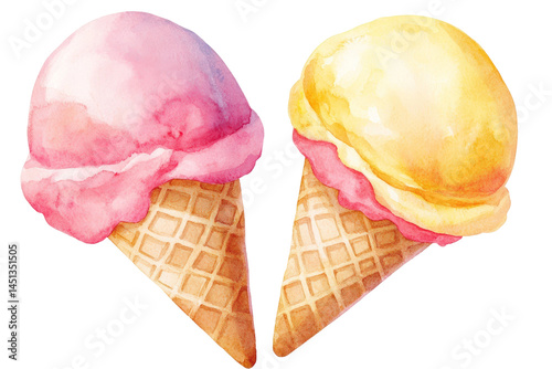 Two Colorful Ice Cream Cones with Pink and Yellow Scoops in a Hand-Painted Watercolor Style for Summer Delight and Dessert Enjoyment